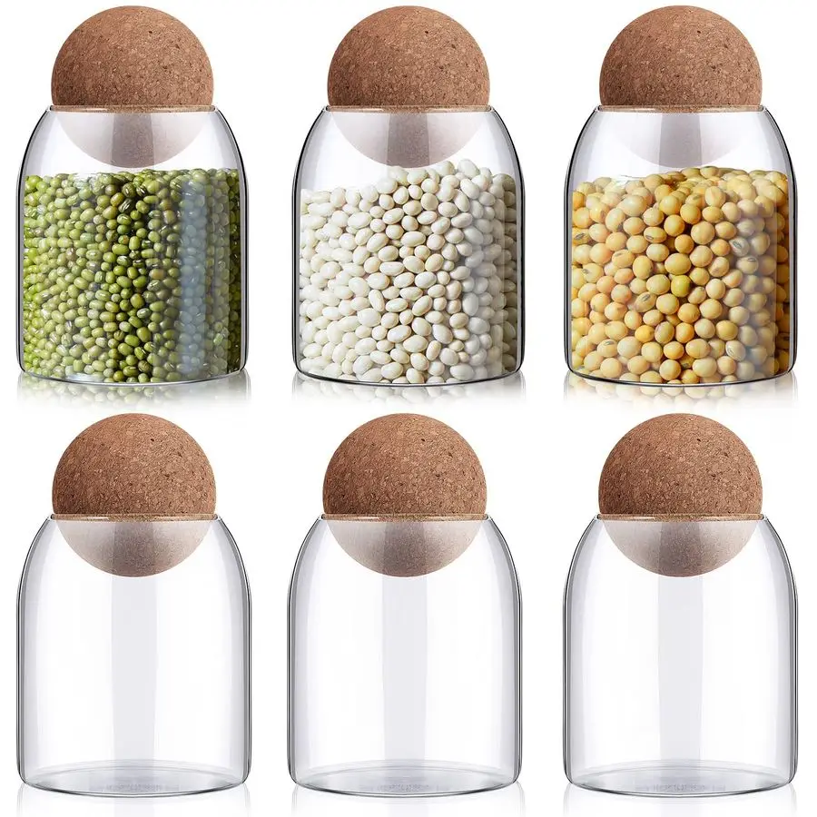 

6 Pcs Glass Jars with Cork Ball Lid Food Storage Containers Clear Wood Cork Bottle Candy Jars 17 Oz 500ml Coffee Canister for Be