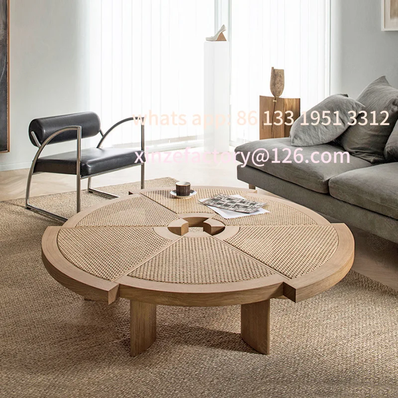

Customizable Nordic solid wood rattan coffee round Japanese simple retro ins living room home parquet log bed and table