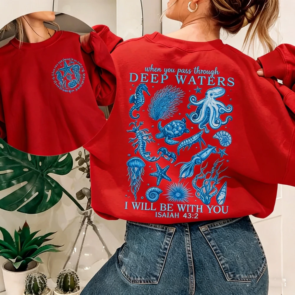 เสื้อฮู้ดลายสัตว์ทะเลคริสเตียน หรือ เสื้อฮู้ดลายชีวิตทางทะเลริมชายฝั่ง สไตล์ชายหาด พร้อมข้อความพระคัมภีร์ พระเยซู พระคัมภีร์ ศรัทธา เสื้อผ้าสำหรับฤดูหนาว