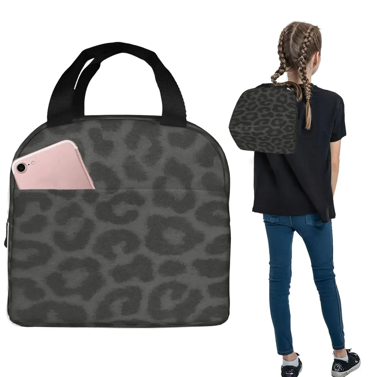

Black Leopard Print Lunch Bags Insulated Bento Box Waterproof Lunch Tote Leakproof Picnic Bags for Woman Kids Travel