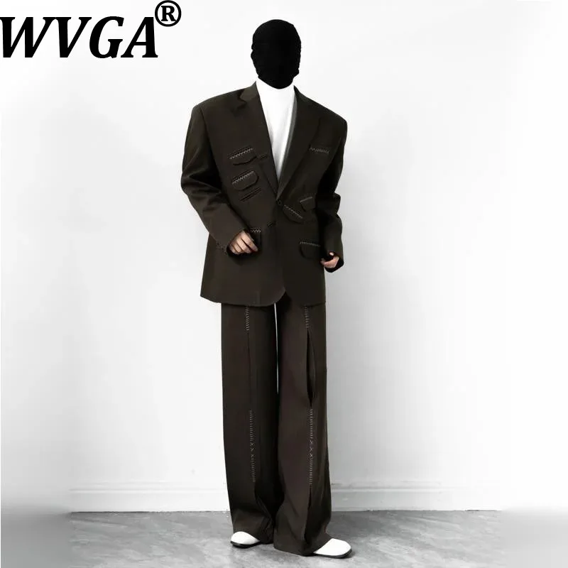 WVGA Spring Autumn New Men Pockets Design Trendy Blazer Niche Chic Casual Korean Style Straight Suit Pants Two Pieces Set W18323
