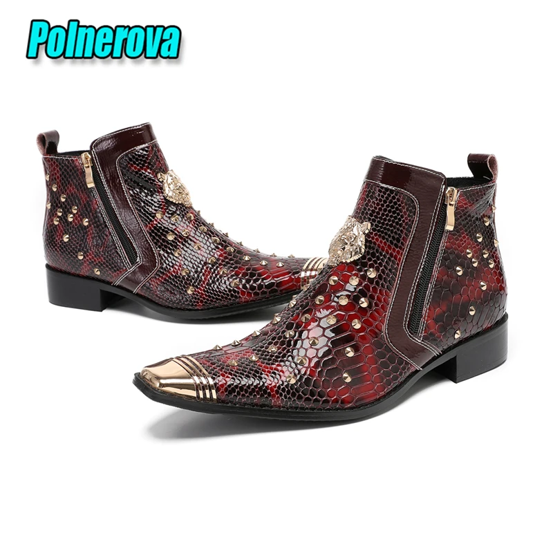 Rivets Metal Tiger Decor Chelsea Boots Trendy Snake Patterned Patent Leather Square Toe Ankle Boots Party Men's Dress Shoes