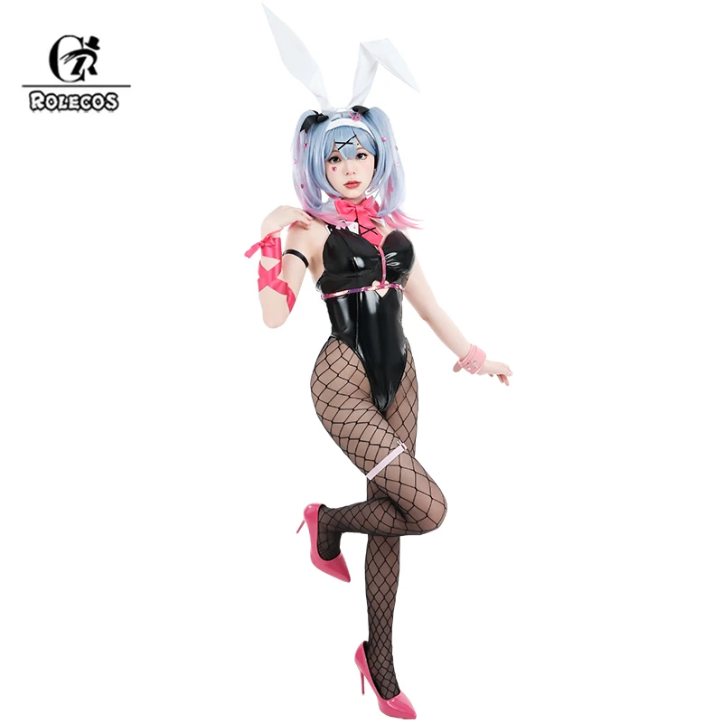 ROLECOS Black Jumpsuit Rabbit Hole Bunny Girl Costume Halloween Sexy Women PU Leather Fabric Elastic Cosplay Bunny Suit Outfit