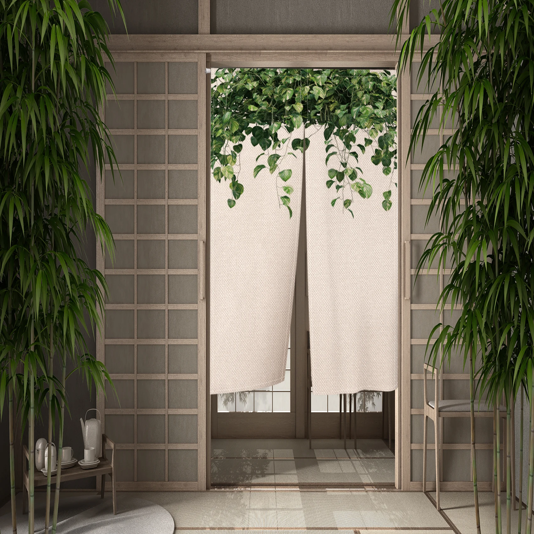 Green Leaf Door Curtain botanical Japanese Partition Hanging Curtain Kitchen Bedroom Entrance Doorway Decorative Noren Cortinas