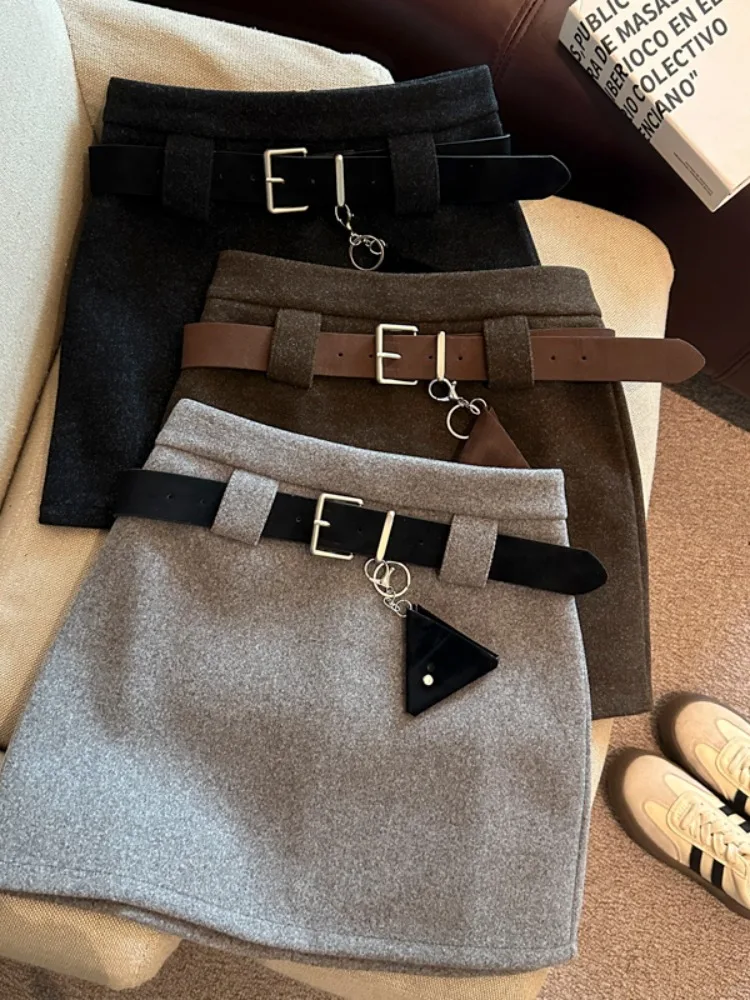 

Sweet Sle A-Line Skirt with Belt Woolen f-length Women's Autumn Winter Skirts High Waist Korean Version Ci Walk