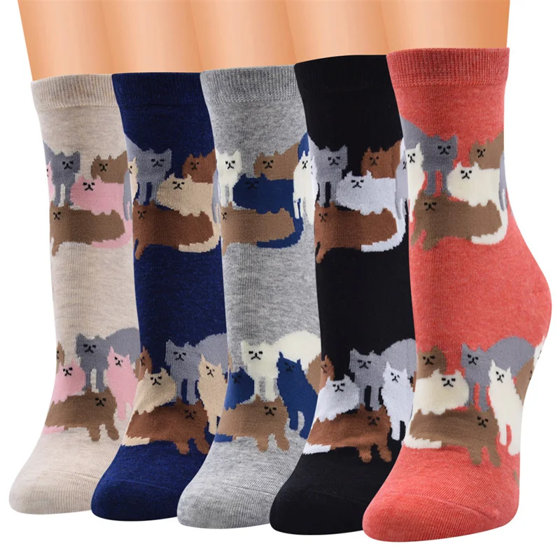 

5Pairs Fashion Art Women Animal Cotton Socks Autumn Winter Cartoon Cat Patterned Female Ladies Cute Funny Korean Style Socks