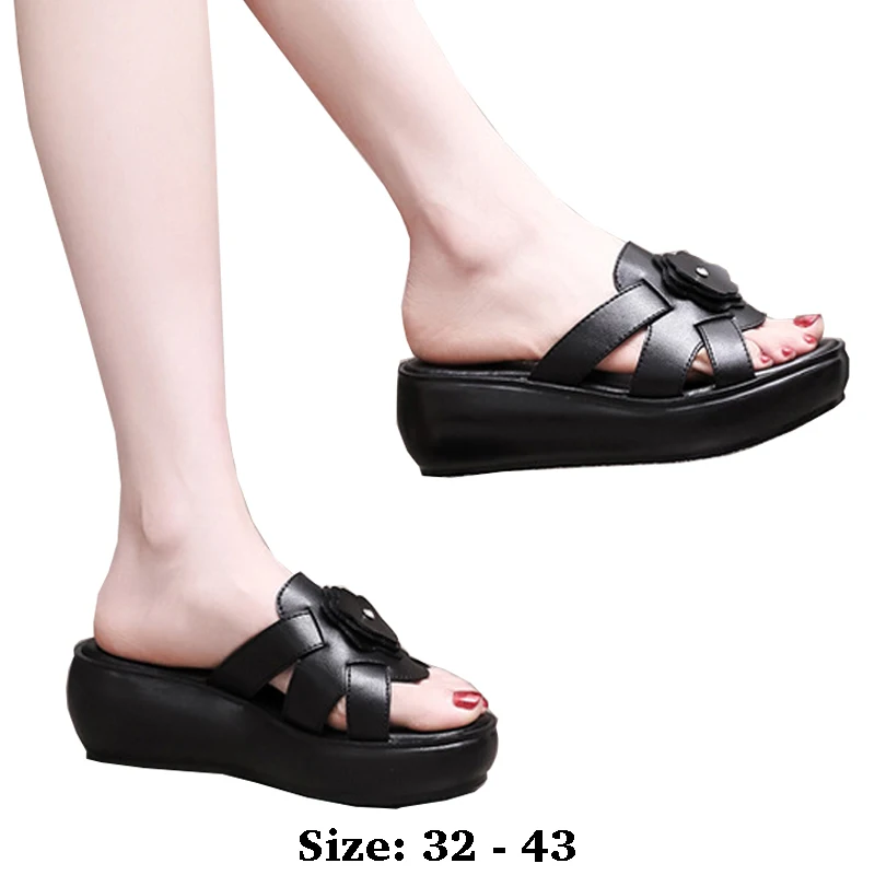 

High quality summer leather wedge sandals for women 6cm mid heel 2025 32 33 platform open toe fashion elegant shoe black white