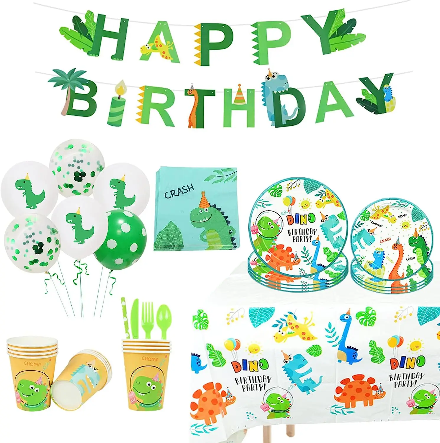 

145PCS Dinosaur Birthday Party Supplies Decorations Disposable Tableware -Serves 16 Include Dinosaur Balloons Banner Tablecloth