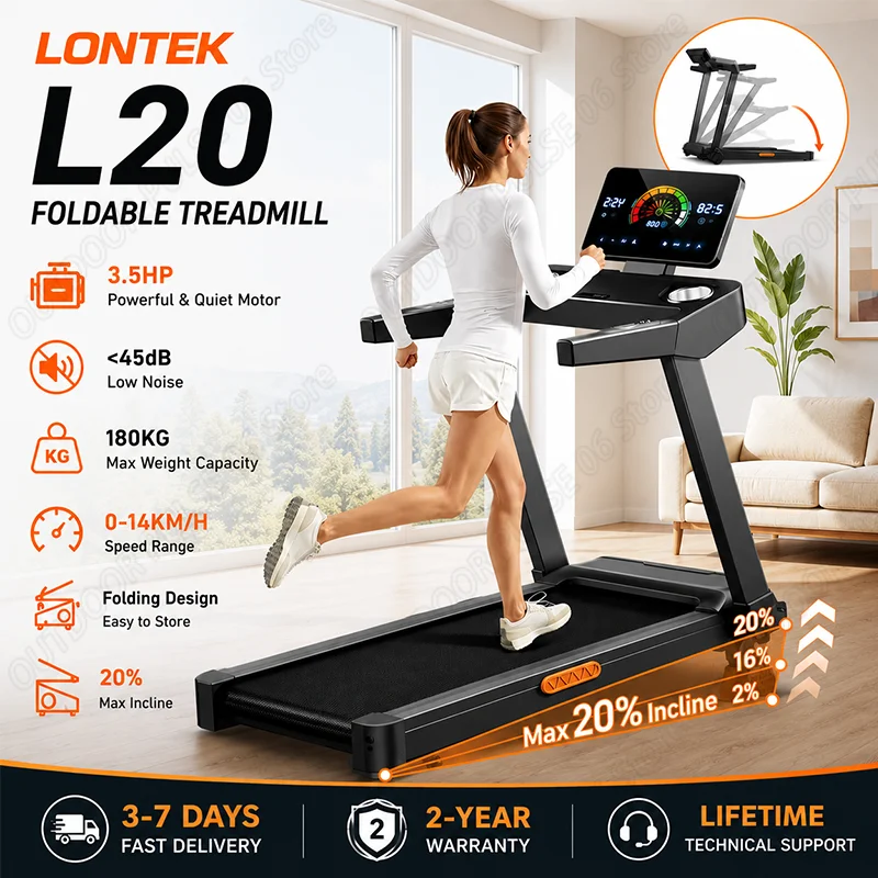 Tapis roulant pliable LONTEK L20 avec inclinaison manuelle de 20 %, vitesse de 14 km/h et capacité de 180 kg. Notre tapis roulant intègre 3 niveaux de réglage rapide (2 %, 16 %, 20 %) pour une combustion des graisses jusqu'à 3 fois plus rapide, ainsi que l'absorption des chocs, une conception pliable et un écran tactile LCD intelligent.