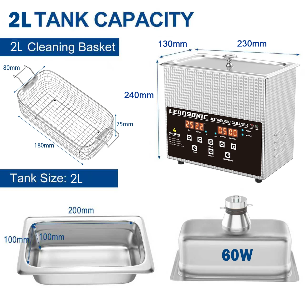 

LEADSONIC Ultrasonic Cleaner Bath New 2L Washing Machine Diswasher Ultrasound Bath 220V EU Plug