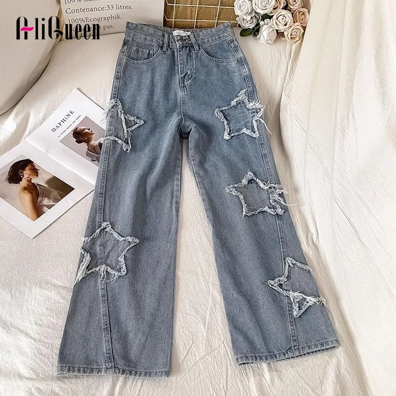 

Korean Women High Waist Blue Stars Embroidered Ragged Edge Jeans Female Wide Leg Baggy Pant Long Straight Denim Pants Streetwear