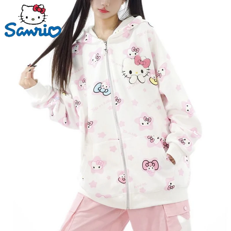 

Anime Sanrio Hello Kitty Hooded Cardigan Jacket Kawaii Girl Autumn Vintage Coat Comfortable Cute Cartoon Women Hoodies Gifts