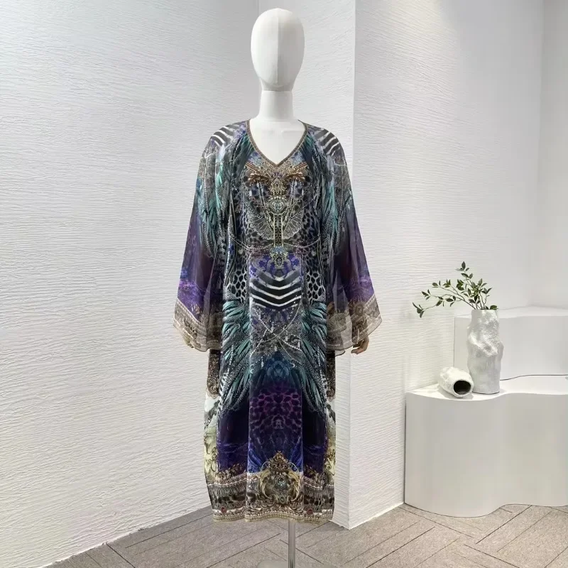 2024 New Collection Purple Blue Leopard Print  Diamonds Pressed V Neck Oversize Loose Midi Dress Long Sleeve High Quality