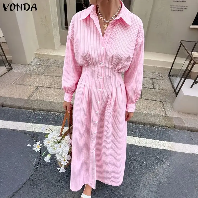 

VONDA платья больших размеров, женские модные полосатые осенние платья с отворотами на талии и длинными рукавами, вечерние макси-платья на пуговицах, праздничный длинный халат