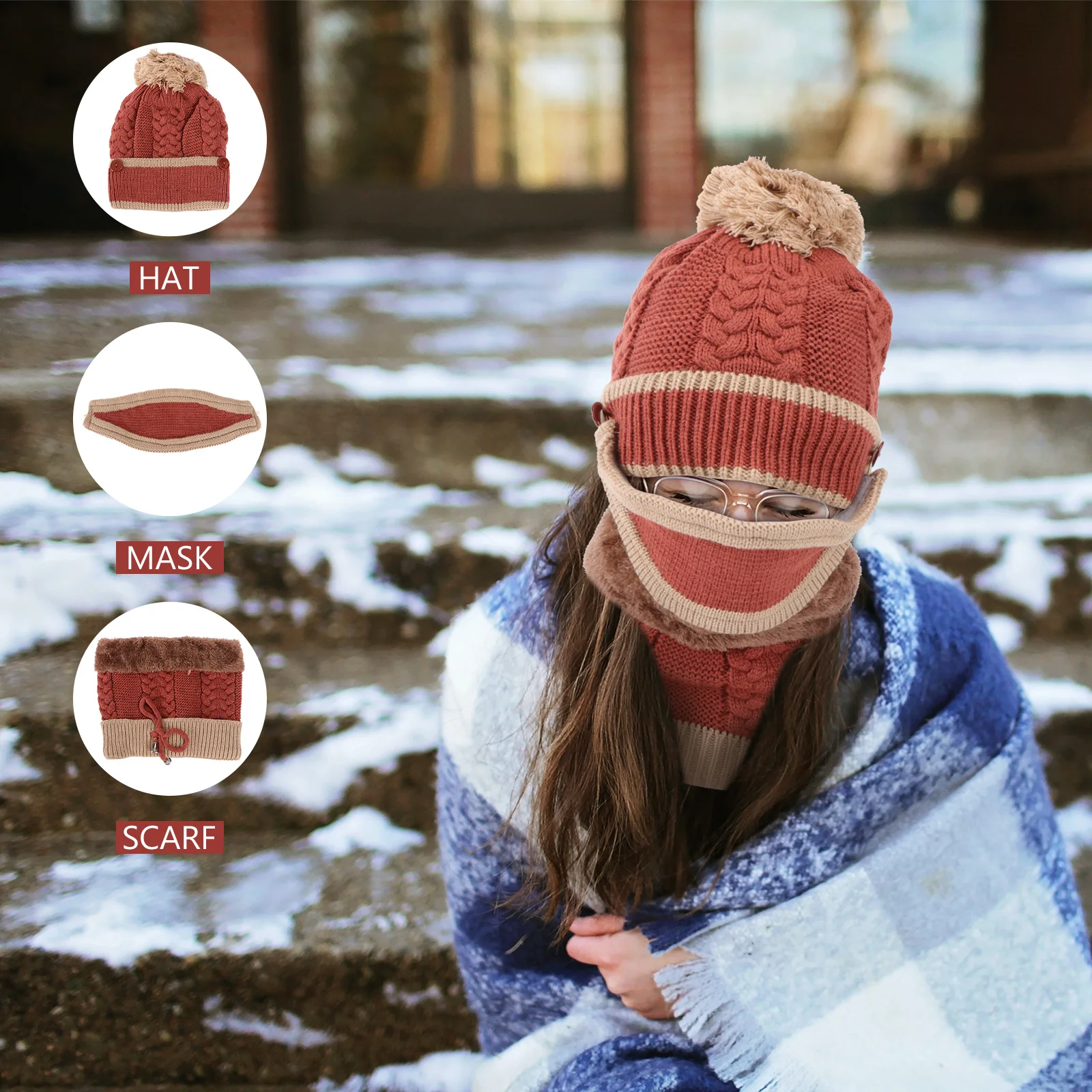 مجموعة واحدة من قناع قبعة وشاح سميك منسوج عالي الجودة، مادة مريحة للشتاء، مقاومة للرياح لتدفئة الأذن للأطفال، ملابس الشارع العصرية #2