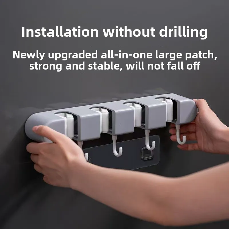 Multi Purpose No Drill Adhesive Mop Broom Hook, Wall Mount Cleaning Tool Rack, Damage Free Bathroom Kitchen Storage Organizer image 2