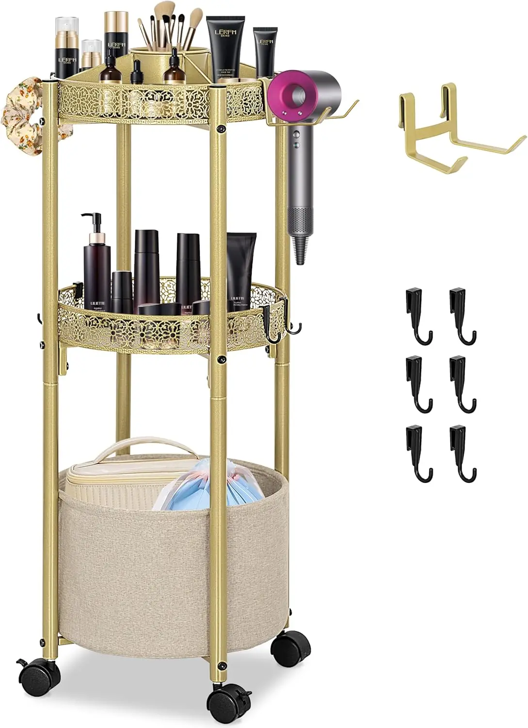 

3-Tier Rolling Makeup Cart with Hair Dryer Holder, Salon-Grade Organizer for Skincare and Cosmetics - Gold Finish