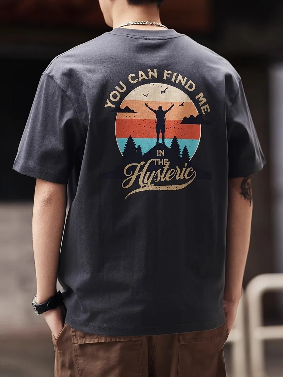 

Мужская летняя футболка оверсайз из чистого хлопка в американском ретро-стиле с принтом, свободная, повседневная, дышащая, трендовая...