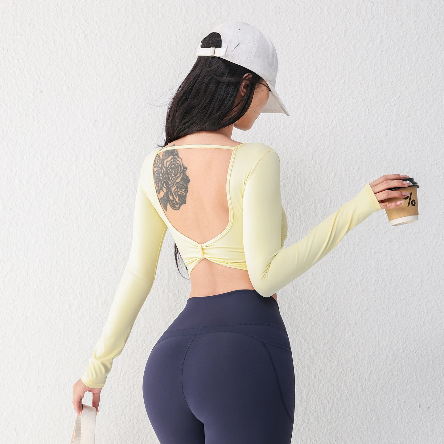 

Women Twist Front Cutout Back Long Sleeve Yoga Tops Padded Sports Crop Top Slim Fitness Running Workout Athletic Shirts