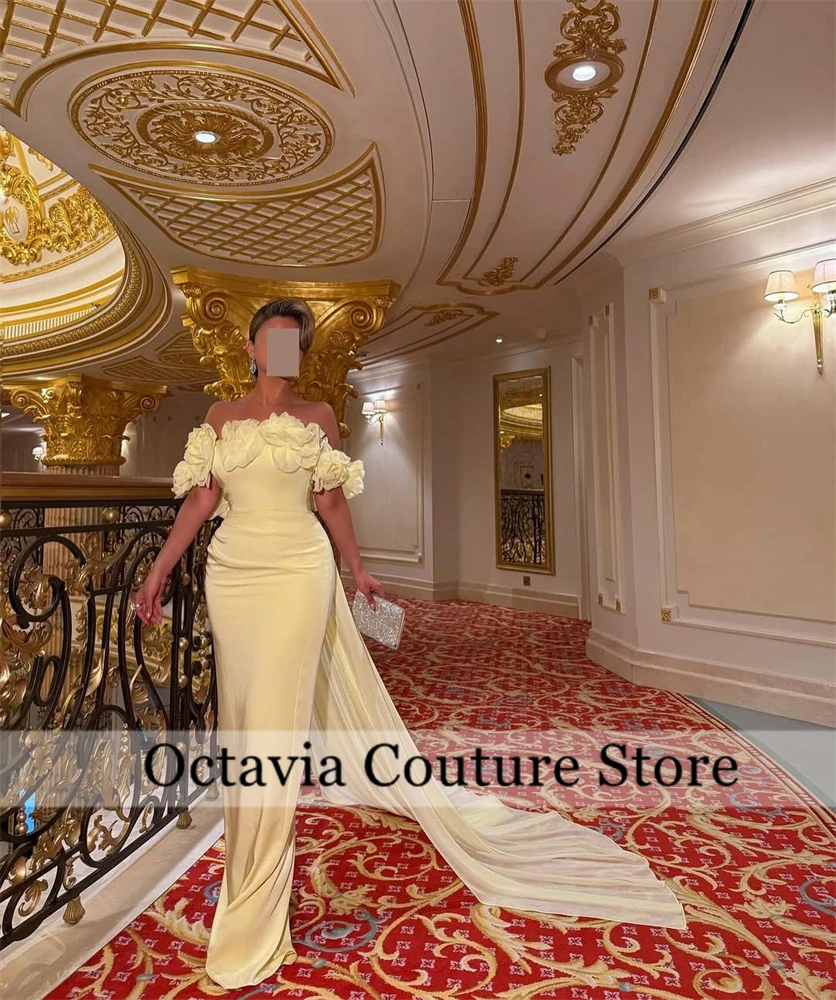 Dubai personalizado amarillo fuera del hombro vestido de noche volantes vestidos para ocasiones especiales con apliques de cola cremallera trasera فستان و