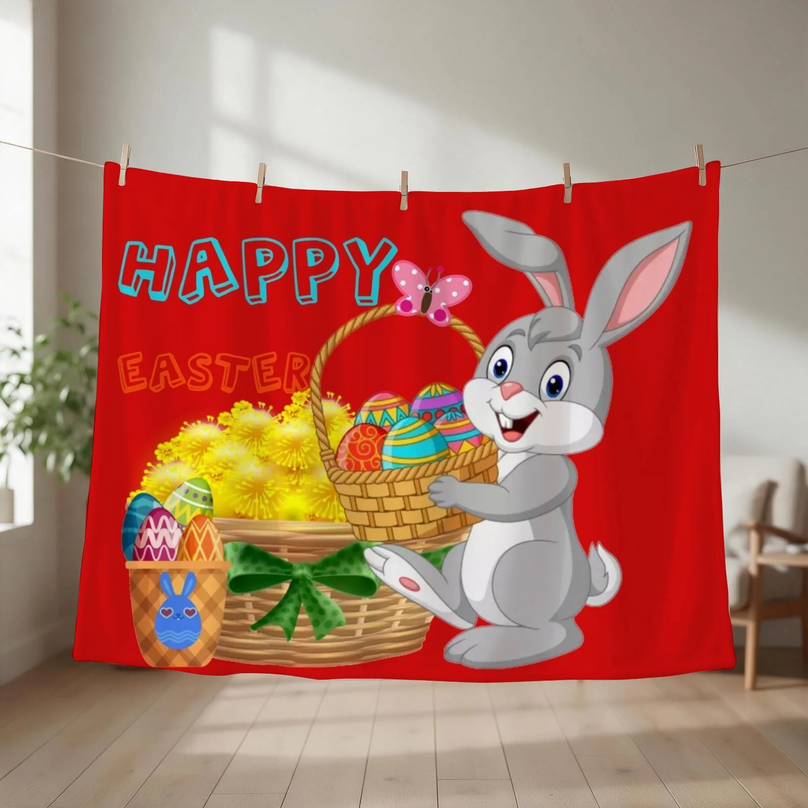 New Happy Easter - Bunny With Dandelions and Easter Eggs Throw Blanket couch cozy soft plush fuzzy picnic outdoor blanket