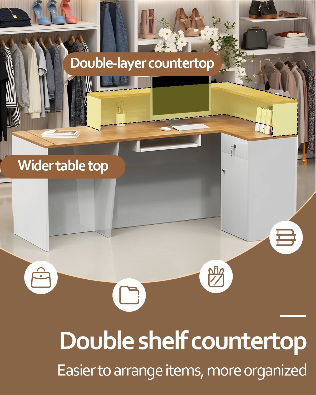 Modern Reception Desk, Solid Wood Reception Desk with Counter, Check Out Stand with Lockable Drawer & Cabinet