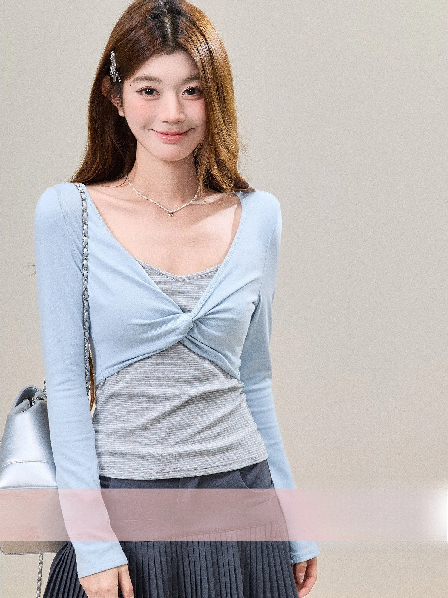 

BBT Sweety Women's Long Sleeve Knitted T-shirt Casual Style Stripe Color Block Design Spring Fashion Soft Comfortable Garment