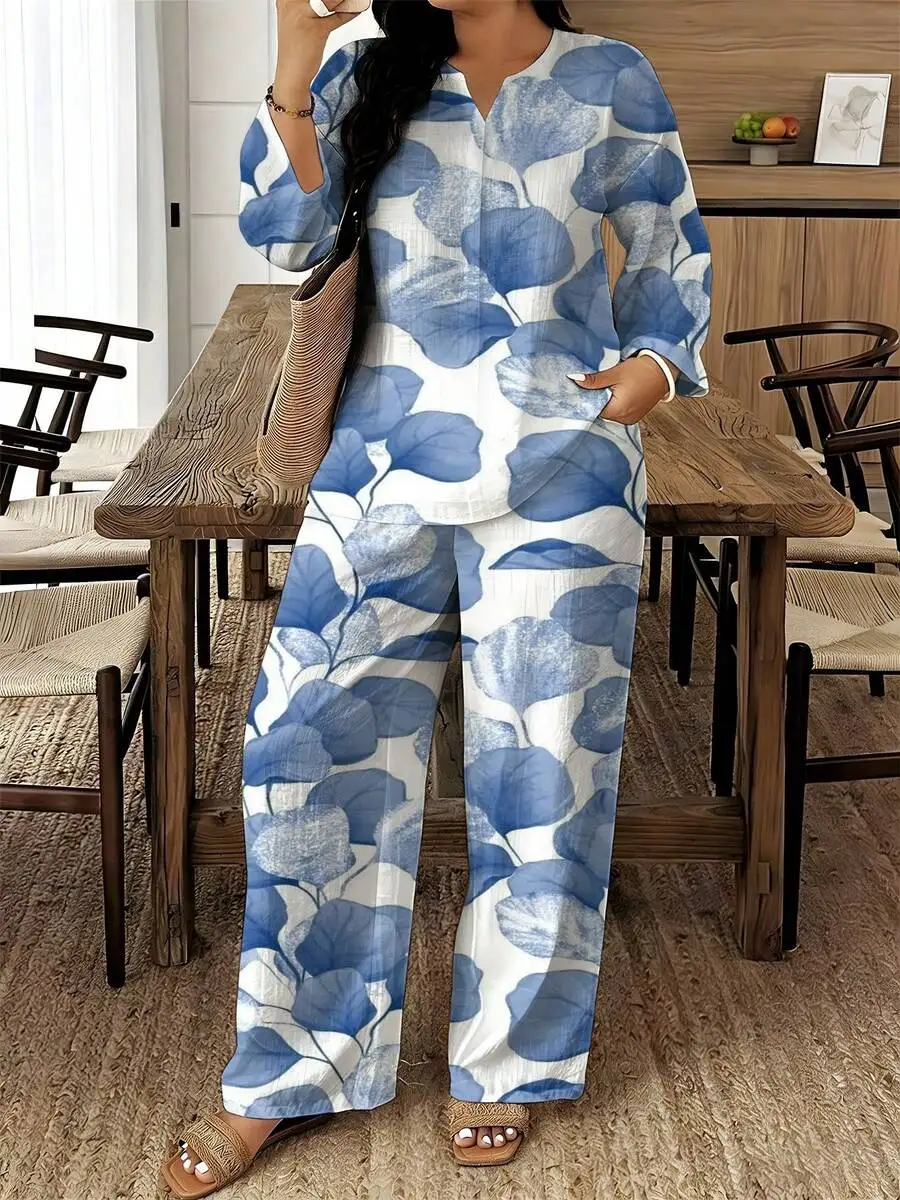 

Womens Plus Size Blue Leaf Print Knit Two Piece Set Casual Long Sleeve Top And Pants