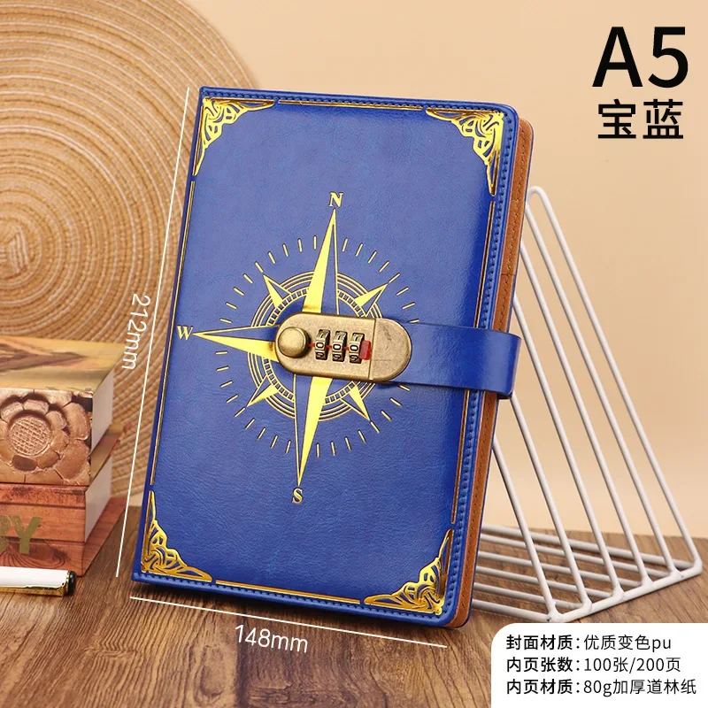 A5 Mit Schloss Tagebuch Notebook Kompass Hand Ledger Student Notizblock Schreibwaren Retro Passwort Buch – Detail 7