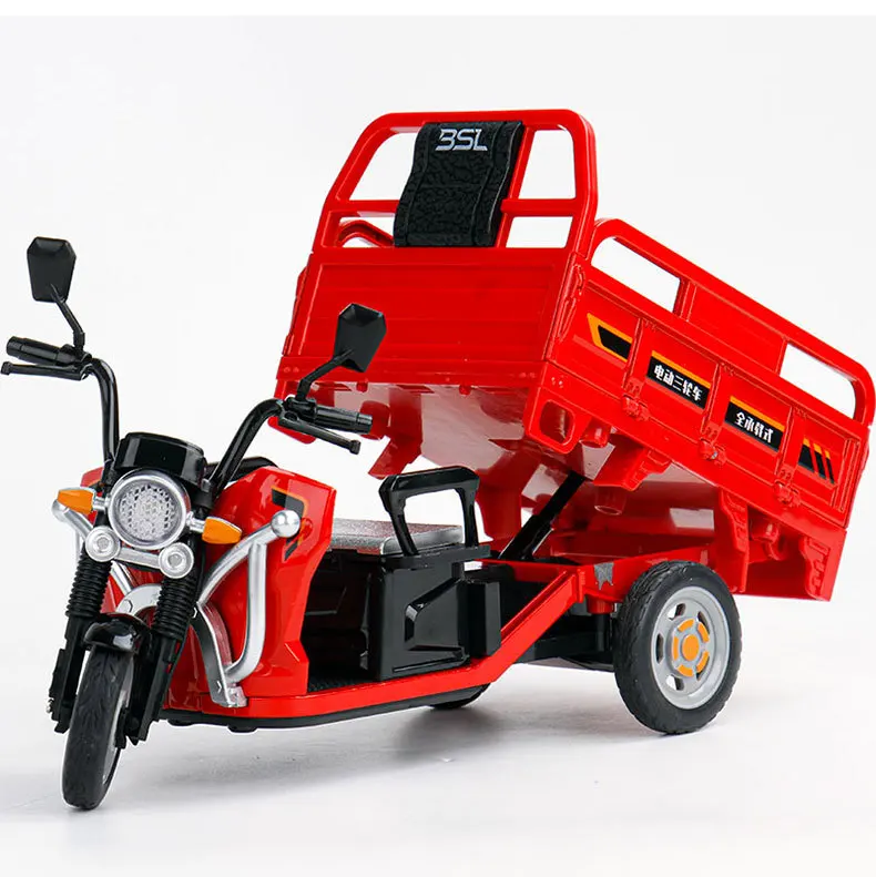 1:12 Electric Tricycle Alloy Model Car Diecast Motorcycle Front Wheel Steering Sound Light Pull Back Vehice Collection
