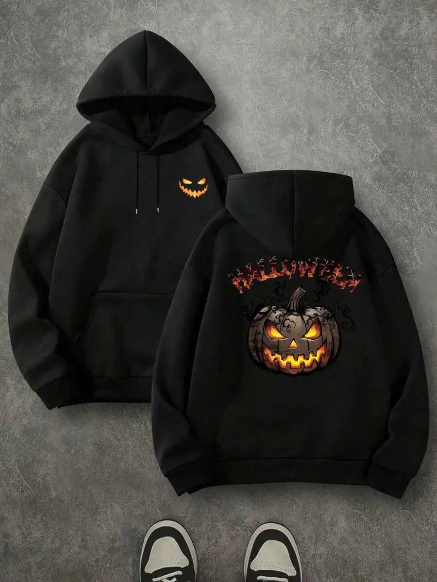 Men's Double Sided Halloween Pumpkin Hoodie, Couple Costume Halloween, Long Sleeve Tops, Halloween Dealss, Couples Matching Outfits, Mens Fall Clothes