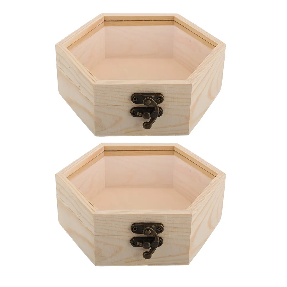 2 cajas de almacenamiento con tapa de cristal y forma hexagonal de madera, de estilo vintage, para guardar flores secas, joyas, pequeños objetos decorativos y artículos para el hogar.