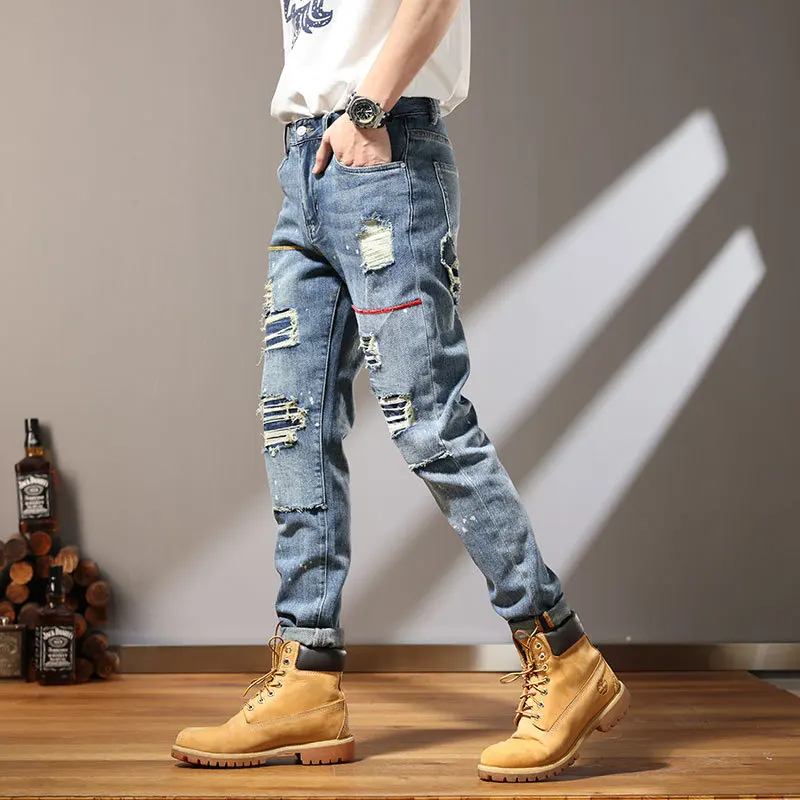 Gepersonaliseerde Distressed Patch Jeans Trendy Elastische Rechte Pijpen Modieuze Casual Denim Broek Gat Broek Blauw Maat 38