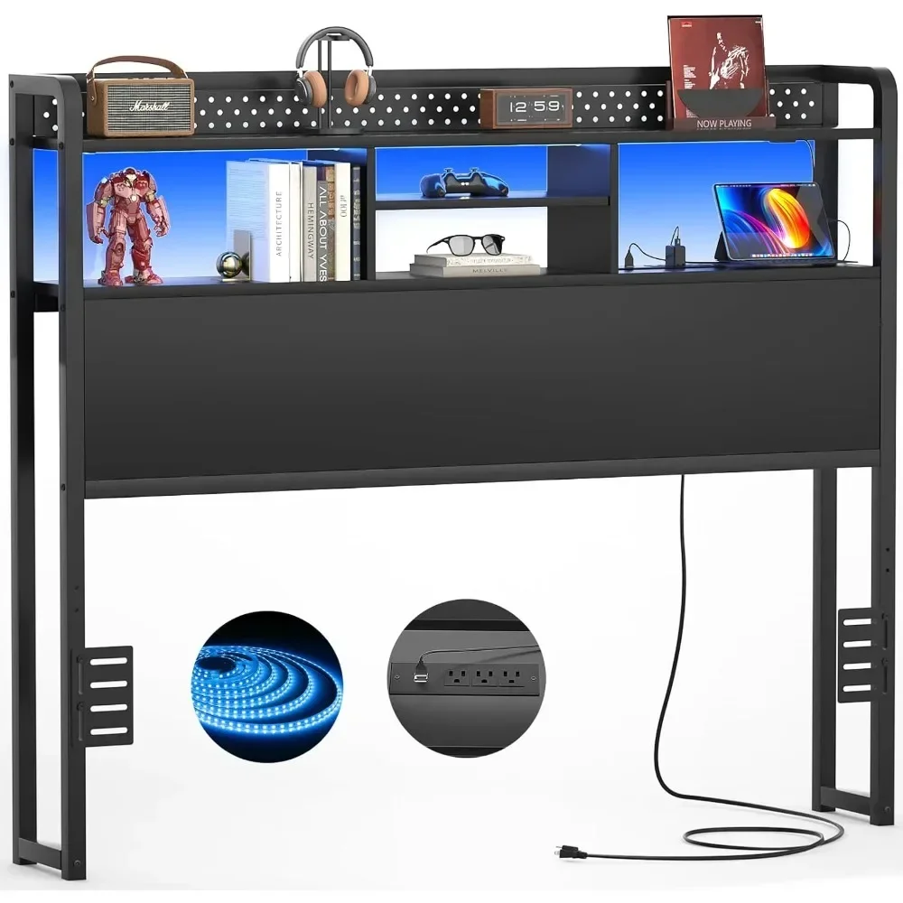 

Headboard for Full Size Bed with Storage Shelf, Head Board with 3 Outlets and 2 USB Ports, Headboards with RGB LED Light