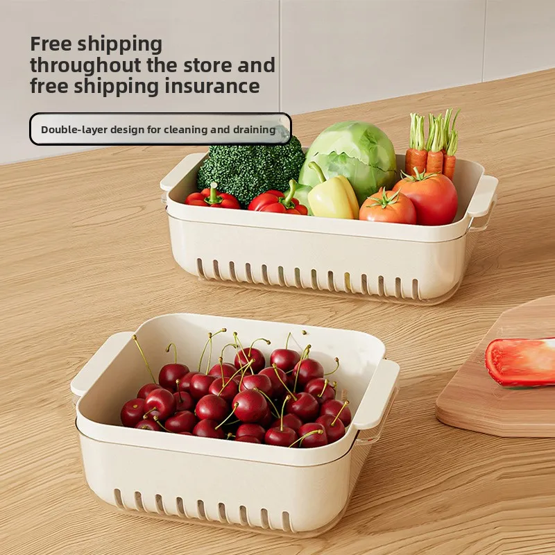 

Drain basket Double layer drain with handle Food grade kitchen Household vegetable washing basin High value rice washing basket