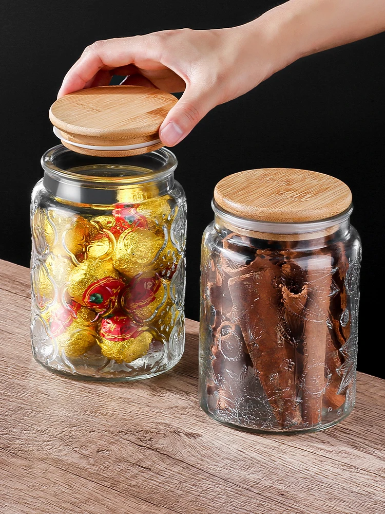 Glass Bottle Candy Sealed Jar Embossed Crabapple Storage Container Tea Can Nut Coffee Beans Honey Storage Box Kitchen Containers