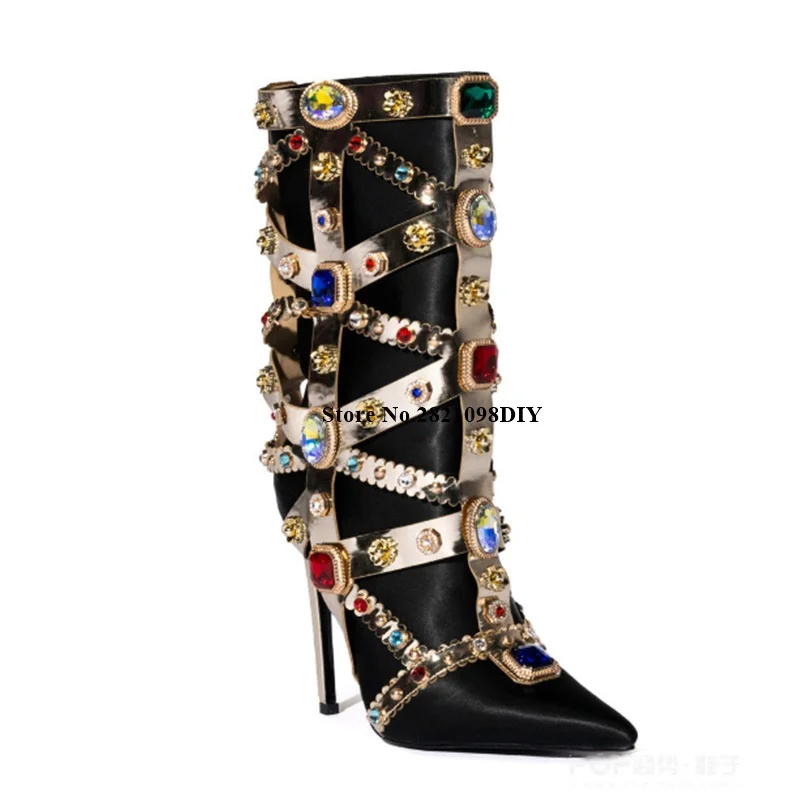 

Luxury Black Purple Satin Boot Pointed Toe Boot Silhouette Gemstone Embellished Women Slim Stiletto Heeled Pointed Toe Long Boot