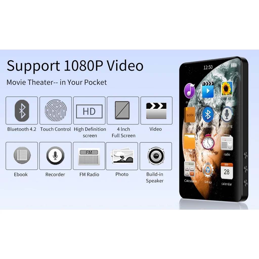 Yophoon 4 Inch X20-New UI MP4 Music Player Touch Screen 16GB BT 5.0 with Speaker 1080P Video Ebook FM MP3 Audio Player 16G-256G