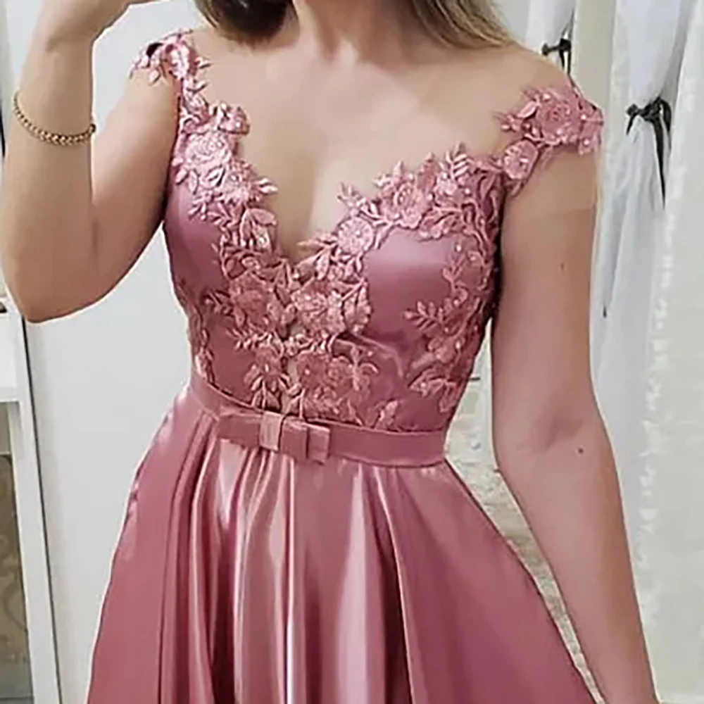 Vestido de noche para boda, apliques con lazo, corte en A, tirantes finos, encaje, espalda descubierta, vestidos de fiesta de princesa para Gala personalizados ﻿