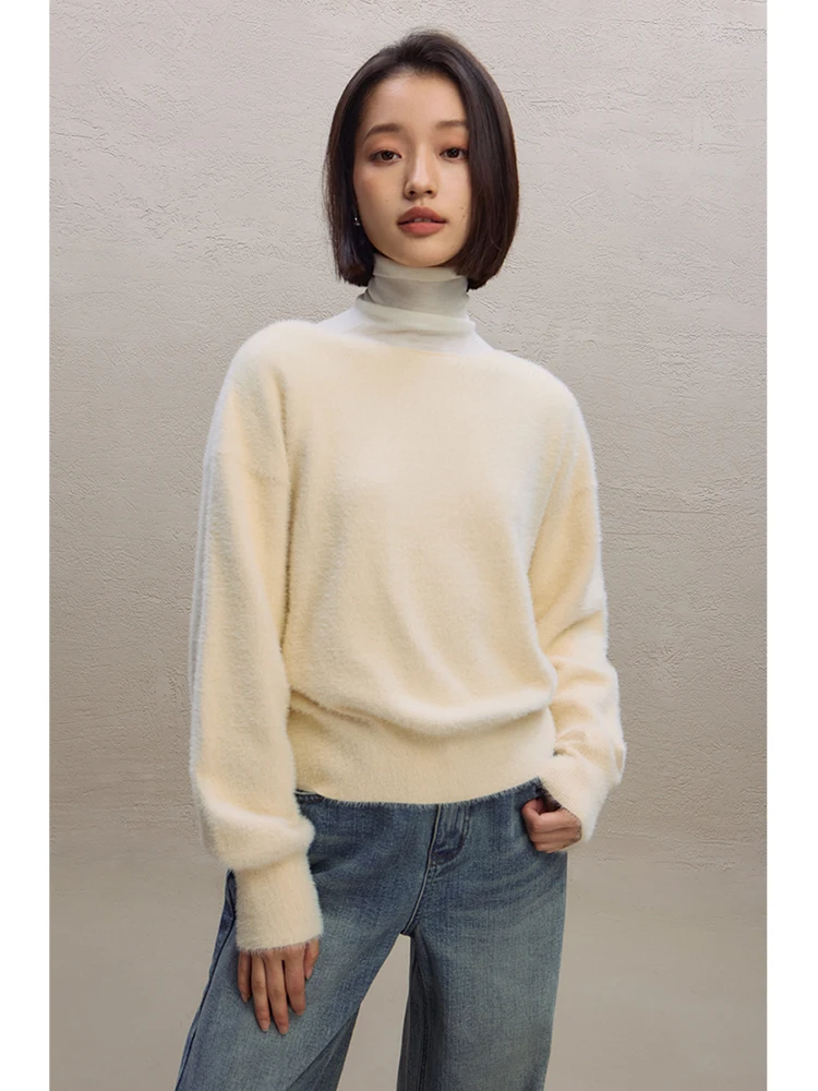 ZIQIAO Women Light Yellow Sweaters Faux Mink Wool Slash Neck Pullover Tops Gentle Style Female Winter Long Sleeve Top 23ZQ94209