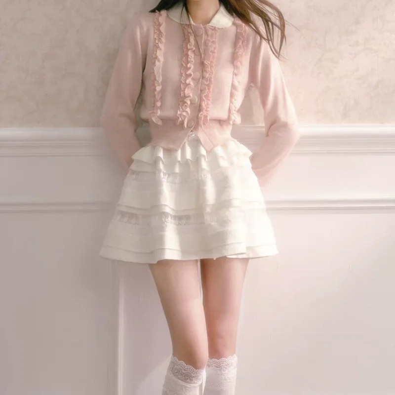 Sweet Girly Style Fungus Contrasting Color Doll Collar Long-sleeved Knitted Cardigan Women's New Autumn Top