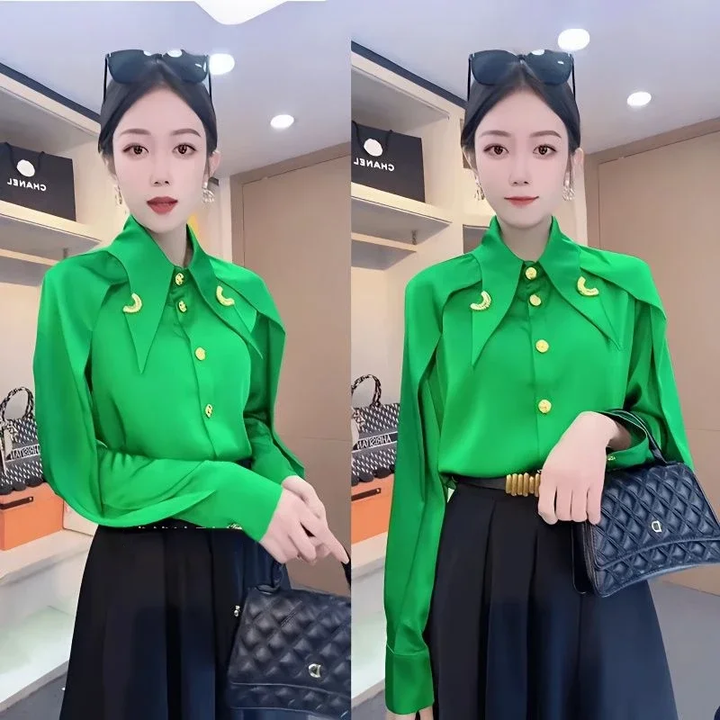 Designer Women Shirt Metal Buttons Big Pointed Lapel Korean Chic Long Sleeve Office Lady Clothes Streetwear Tops Luxury Blouses