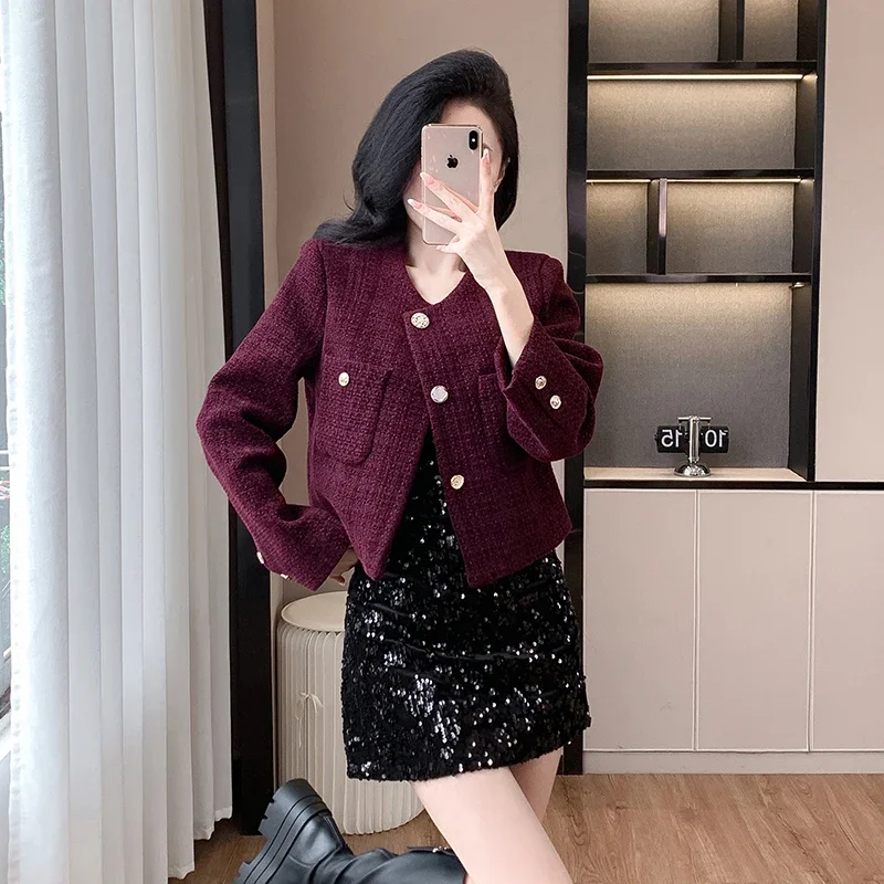 2024 New Autumn Winter Women Chic Slim Single Breasted Short Jacket High Quality Elegant Grape Purple Tweed Jacket