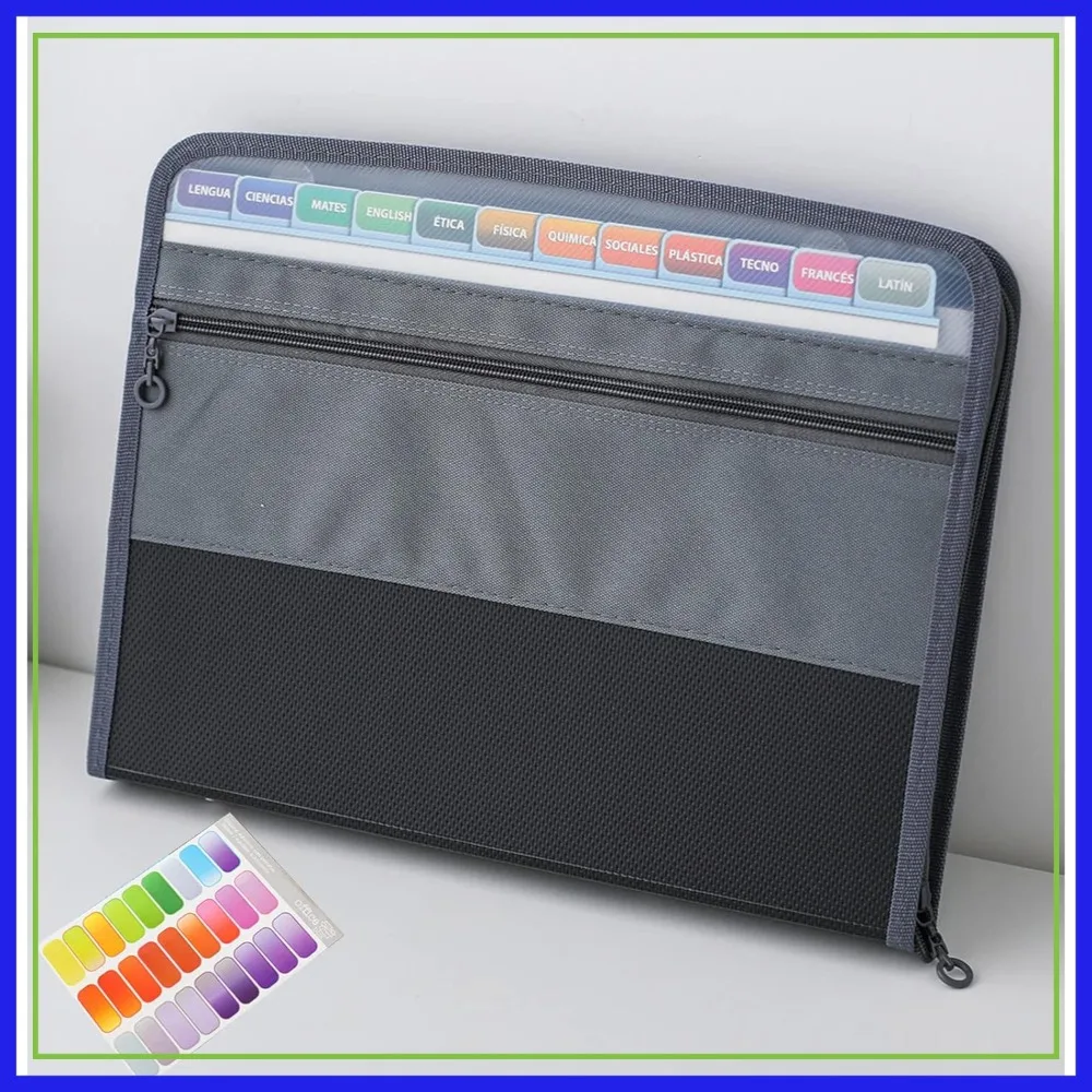 

13 Pocket Expanding File Folder with Zipper, A4 Letter Size Portable Organizer, 27 Labels Included (Black)