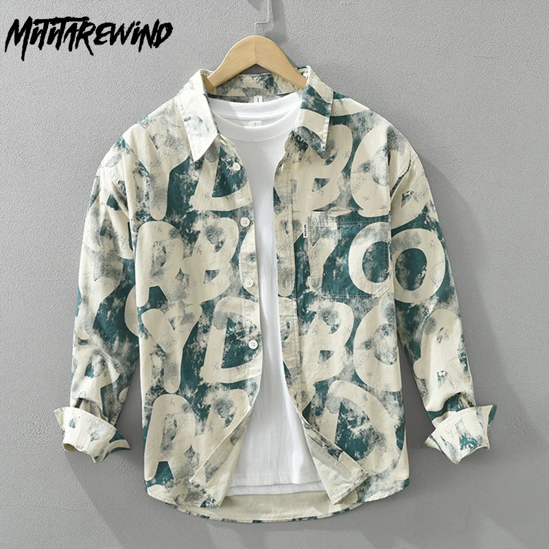 

Spring Printed Shirts for Men Trendy Streetwear Loose Long Sleeves Tops Lapel 100% Cotton New in Shirts Boys Personality Clothes