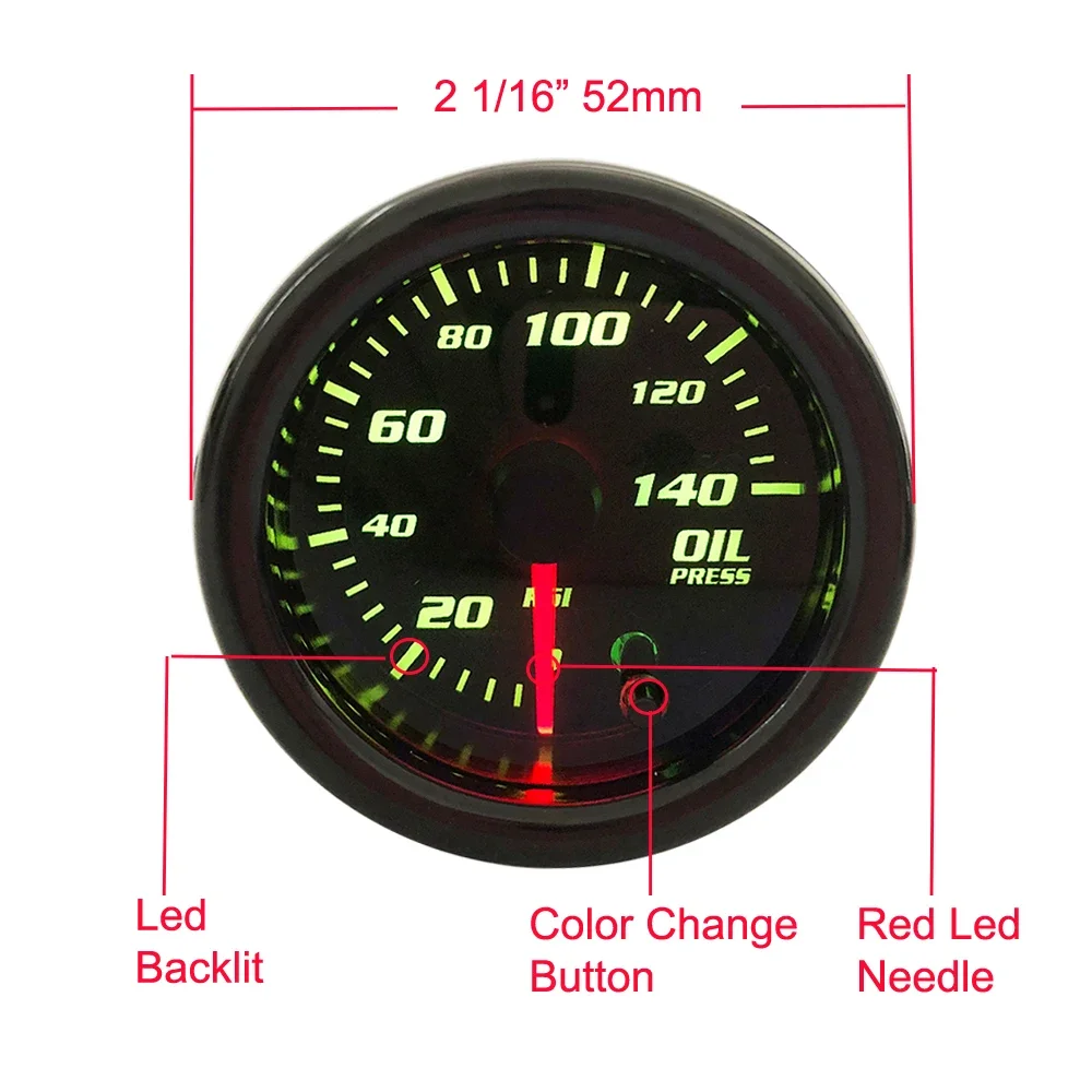 JONBO 52mm 2''  Oil Pressure Gauge  0-140 PSI  Oil Press Meter With Sensor 7 Color Tinted Car Digital LED