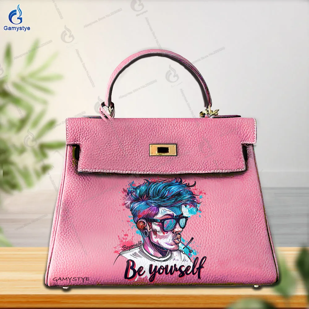 فن طباعة تخصيص حقائب اليد الكرتون مجردة شخصية الصورة الرمزية طباعة عالية الجودة جلد طبيعي حقائب النساء حقائب بيد الصليب