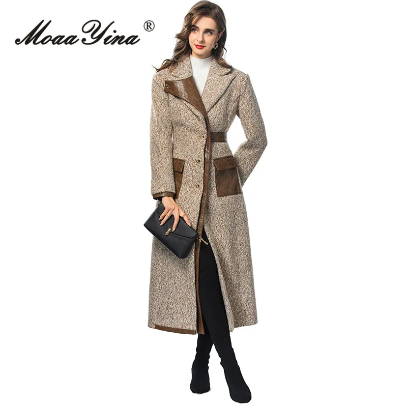 MoaaYina Autumn/winter New Style Vintage Designer Coat Women Brown Notched Single-breasted Slim Fit S-3XL Long Overcoat