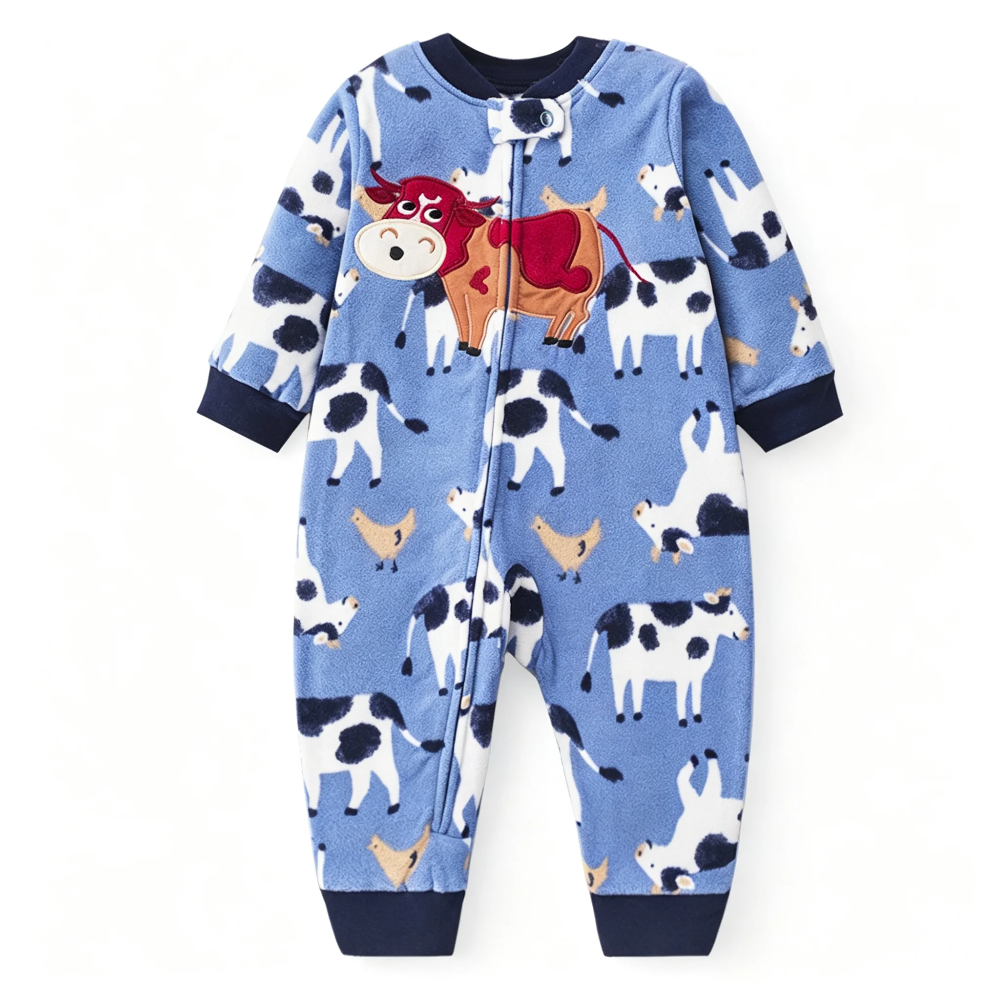 Infant Polar Fleece Footless Romper Farm Cow Animal Print Embroidery Long Sleeve Full Zip Baby Jumpsuit 6-24M