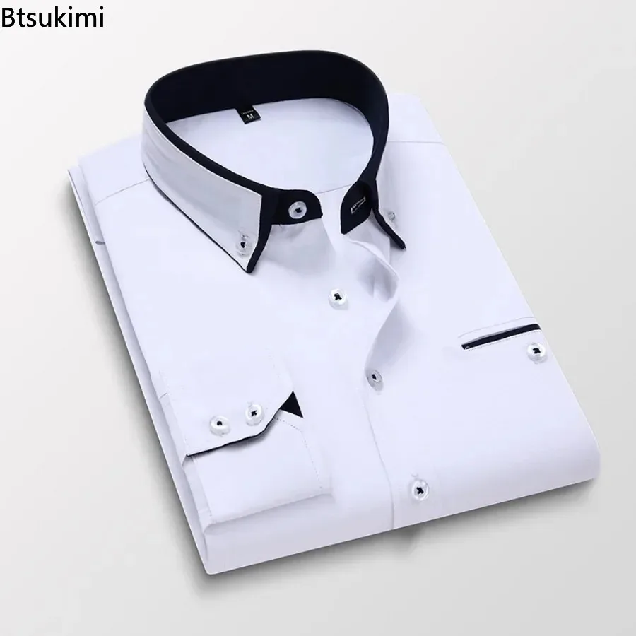 2024 Men\'s Formal Business Office Dress Shirt Solid Long Sleeve Button Up Shirt Turn-down Collar Club Party Shirts Mens Clothing